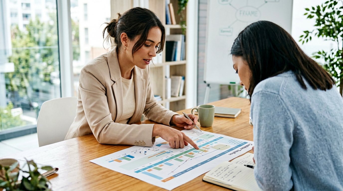 Team reviewing a printed cashflow timeline on a table