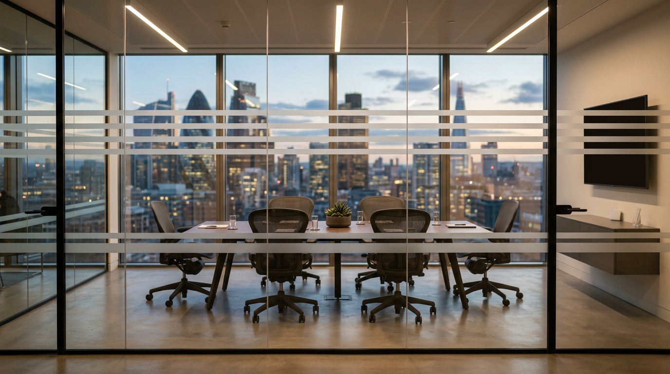 Glass meeting room with frosted stripes and soft skyline light