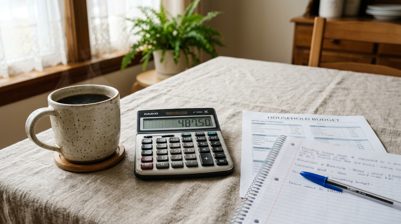 Home budgeting setup with mug and calculator on linen