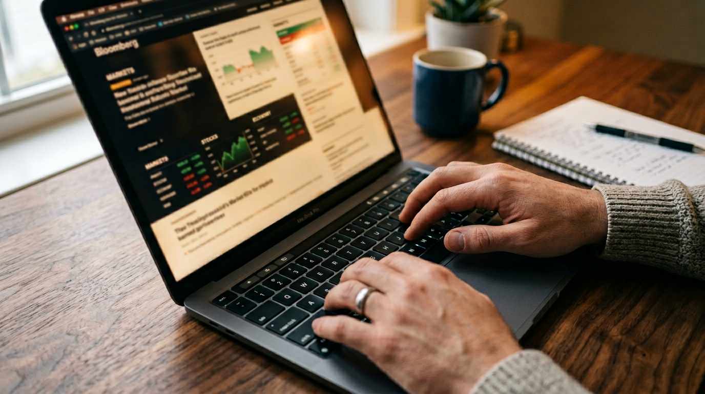 Hands typing on laptop with blurred financial news on screen