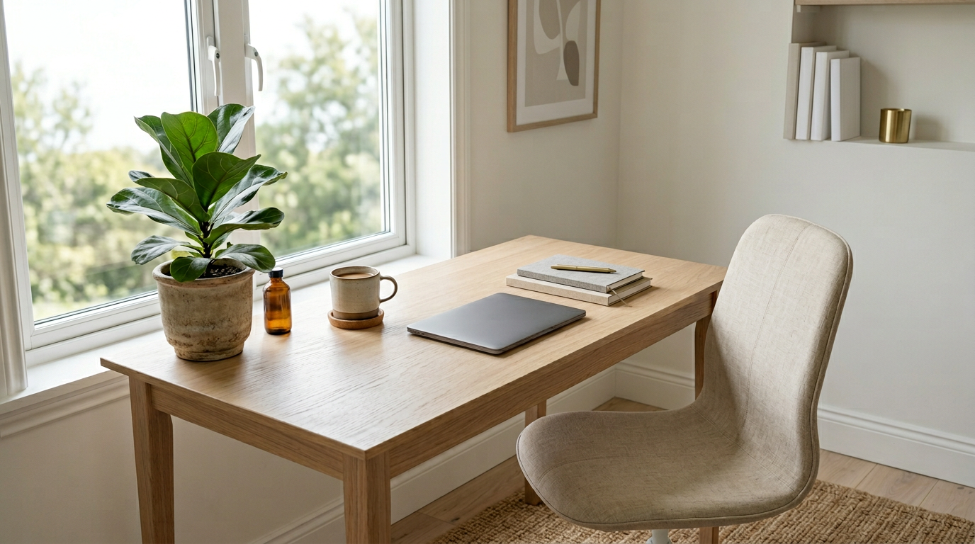 Bright oak desk workspace with notebooks and a closed tablet