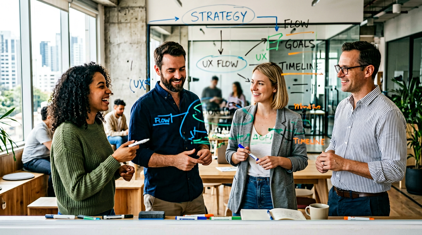 Team collaborating at a whiteboard with diagrams